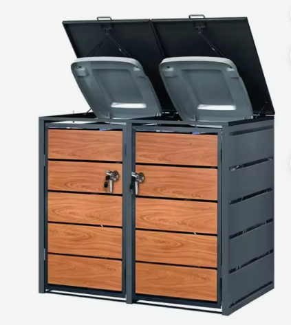 Gabinete para 2 basureros con estructura grafito y puertas símil madera, tapas abiertas